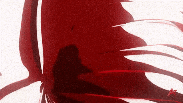 a red and white abstract background with a silhouette of a person