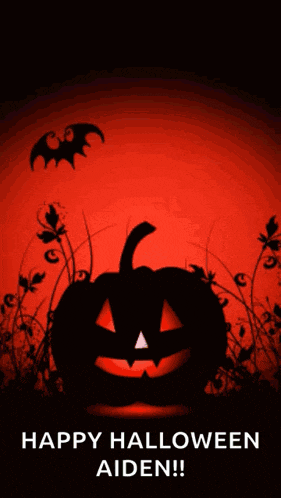 a halloween greeting card with a pumpkin and bats