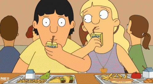 a couple of cartoon characters drinking juice from boxes