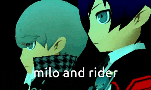 milo and rider are standing next to each other in a dark room