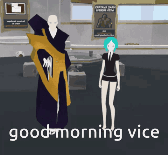 a cartoon of a man and a woman standing next to each other with the words good morning vice on the bottom