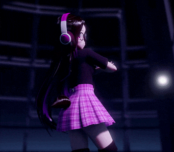 a cartoon girl wearing headphones and a purple plaid skirt