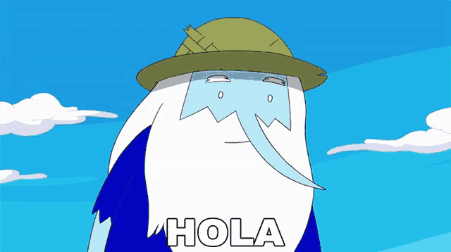 a cartoon character with a hat and the word hola on the bottom