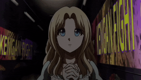 a girl stands in front of a sign that says kensan fight