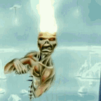 a skeleton with flames coming out of his head is holding something