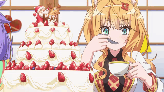 a girl is drinking from a cup in front of a cake that says merry christmas on it