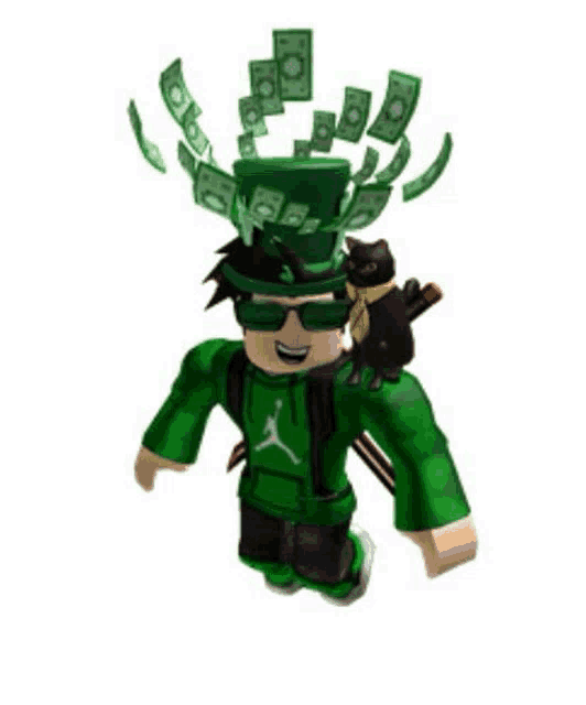 a roblox character wearing a top hat with money coming out of it and a black cat on his back .