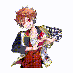 a man in a checkered jacket is holding a card in his hand