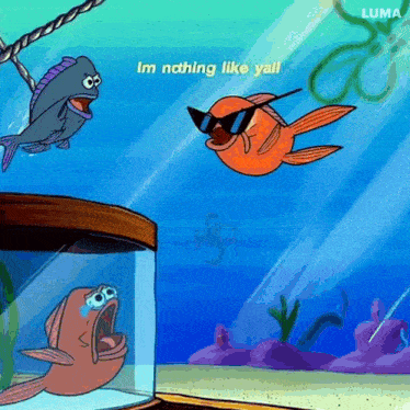 a cartoon fish wearing sunglasses is swimming in an aquarium with other fish .