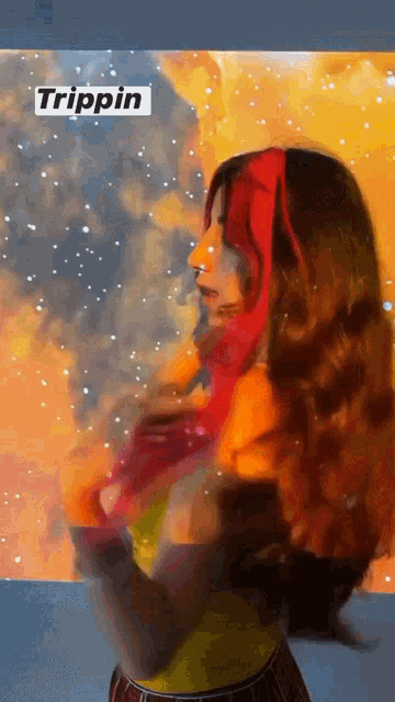a woman with red hair is standing in front of a cloudy sky with the word trippin on the bottom