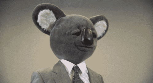 a stuffed koala wearing a suit and tie winks at the camera