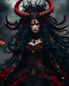 a woman with long black hair and red horns is wearing a black dress