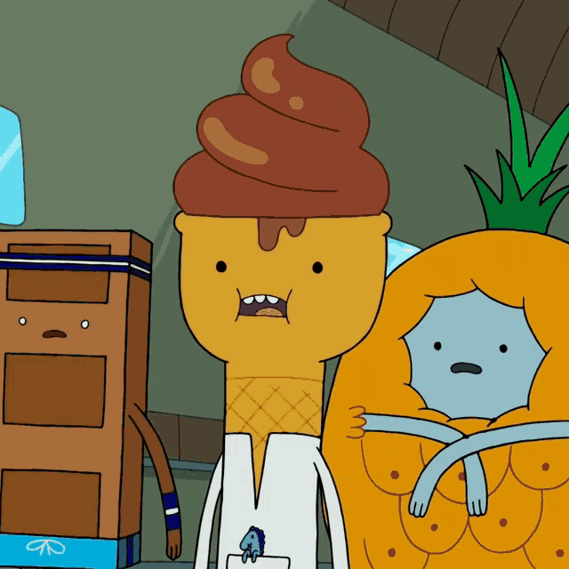 a cartoon character with an ice cream cone on his head stands next to a pineapple
