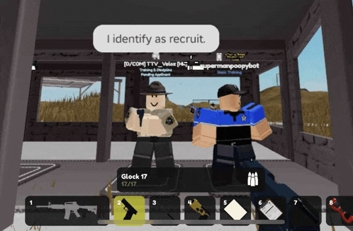 a screenshot of a video game that says ' i identify as recruit ' on it