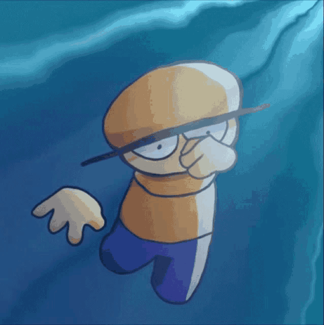 a cartoon character is swimming in the water and covering his nose with his hand