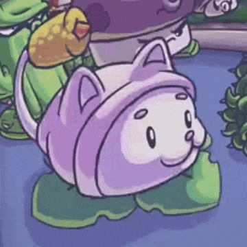 a cartoon drawing of a purple cat sitting on a green leaf