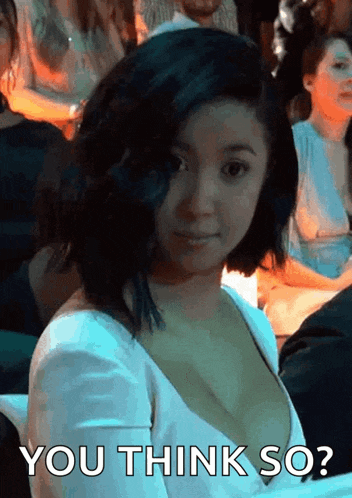 a woman sitting in a crowd with the words " you think so " on the bottom