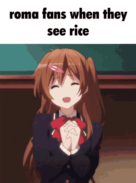 a picture of a girl with her eyes closed and the words roma fans when they see rice