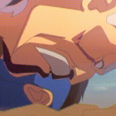 a close up of a cartoon character 's face with a blue shirt on
