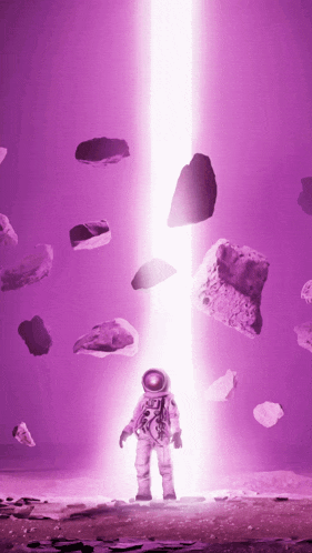 an astronaut stands in front of a purple light and rocks