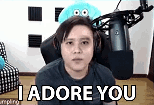 a man wearing headphones and a microphone is sitting in front of a microphone and saying i adore you .