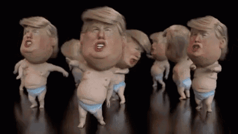 a group of donald trump figurines in diapers are dancing together .