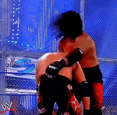 a wrestling match takes place in front of a sign for summerslam