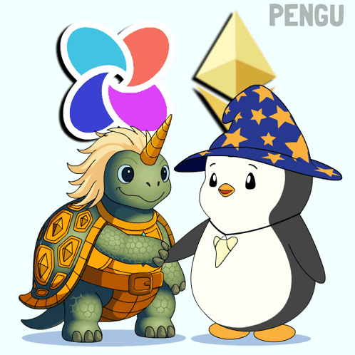 a penguin and a turtle are standing next to each other and the penguin is wearing a wizard 's hat