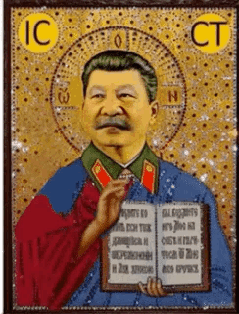 a painting of a man with a mustache holding a book in his hands .