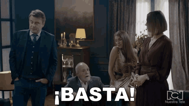 a group of people standing in a living room with the word basta written on the bottom