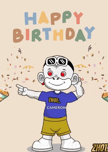a cartoon character is wearing a blue shirt that says zhot cameron