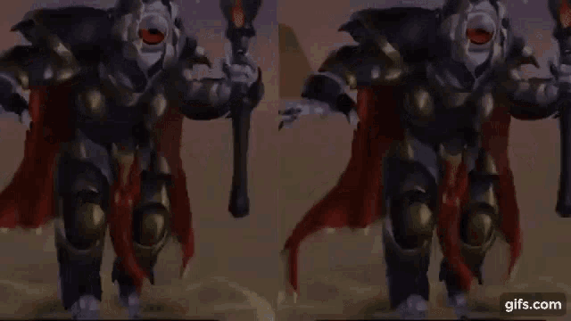 a couple of cartoon characters standing next to each other holding a sword and a cape .