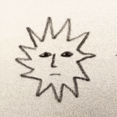 a black and white drawing of a sun with a face on it .