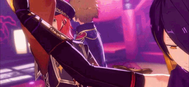a group of anime characters are standing next to each other in a room .