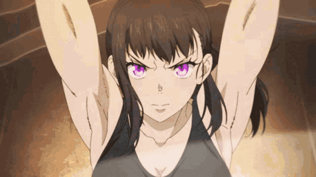 a girl with purple eyes has her arms outstretched in the air