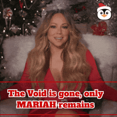 a woman in a red dress with the words " the void is gone only mariah remains "