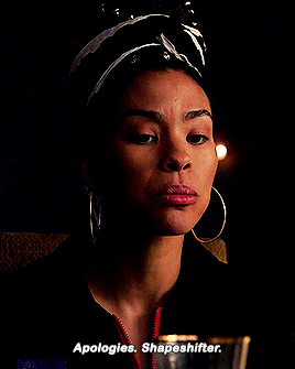 a woman with hoop earrings and a bandana on her head says " apologizes shapeshifter "