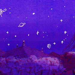 a drawing of a purple sky with a few planets and stars