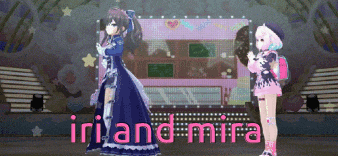 two anime girls are standing in front of a sign that says " iri and mira " on it