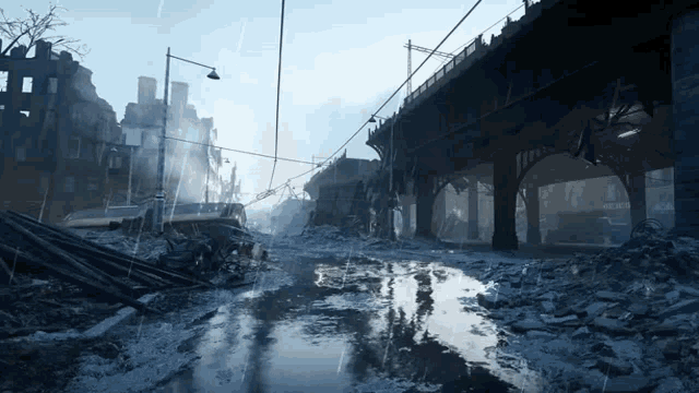 a destroyed city with a bridge and a puddle in the middle