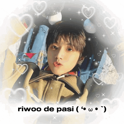a picture of a young man with hearts around him and the words riwoo de pasi