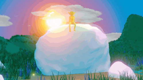 a cartoon character sits on top of a large rock with the sun behind him