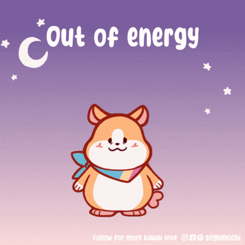 a cartoon of a hamster with the words out of energy behind it