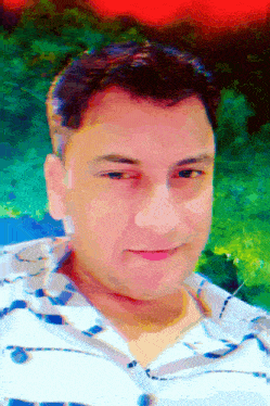 a painting of a man 's face with trees in the background