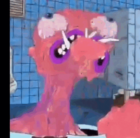 a pink cartoon character with purple eyes is sitting in a bathroom .