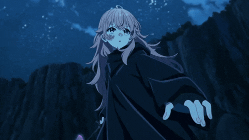 a girl in a black coat is flying through the air with a wand in her hand