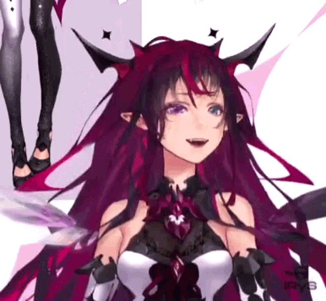 a close up of a girl with purple hair and horns