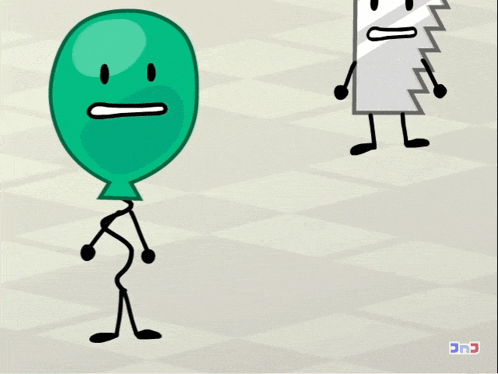 a cartoon drawing of a saw and a green balloon
