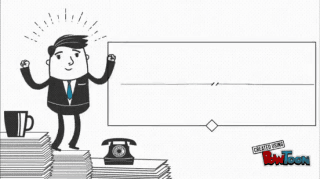 a cartoon of a man standing on top of a pile of papers with a sign that says created using bowtoon