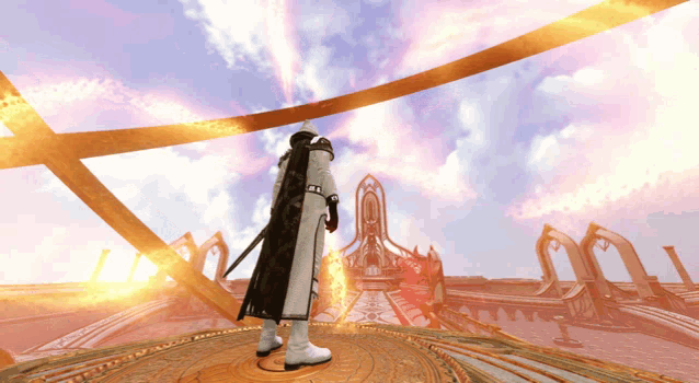 a person standing on a platform with a sword in a video game